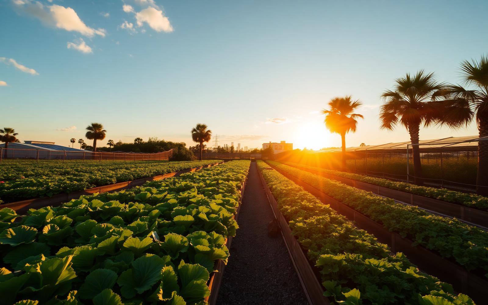 Sun-drenched St. Petersburg urban farm at golden hour, with rows of leafy greens and the downtown skyline in the distance.