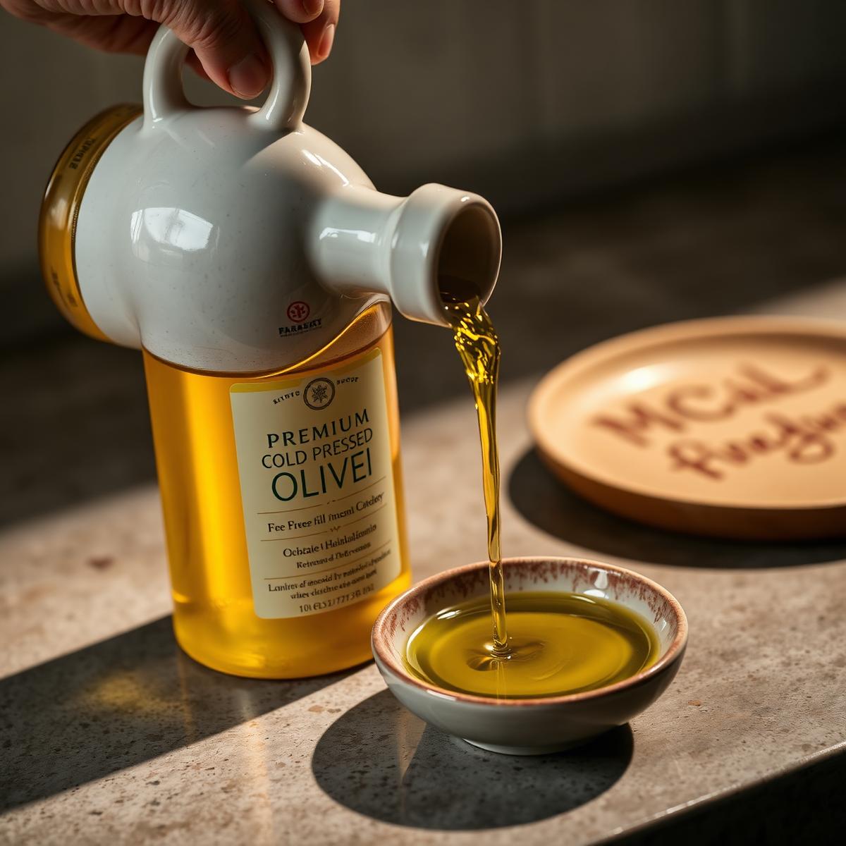 Premium cold-pressed olive oil being poured from a ceramic bottle.